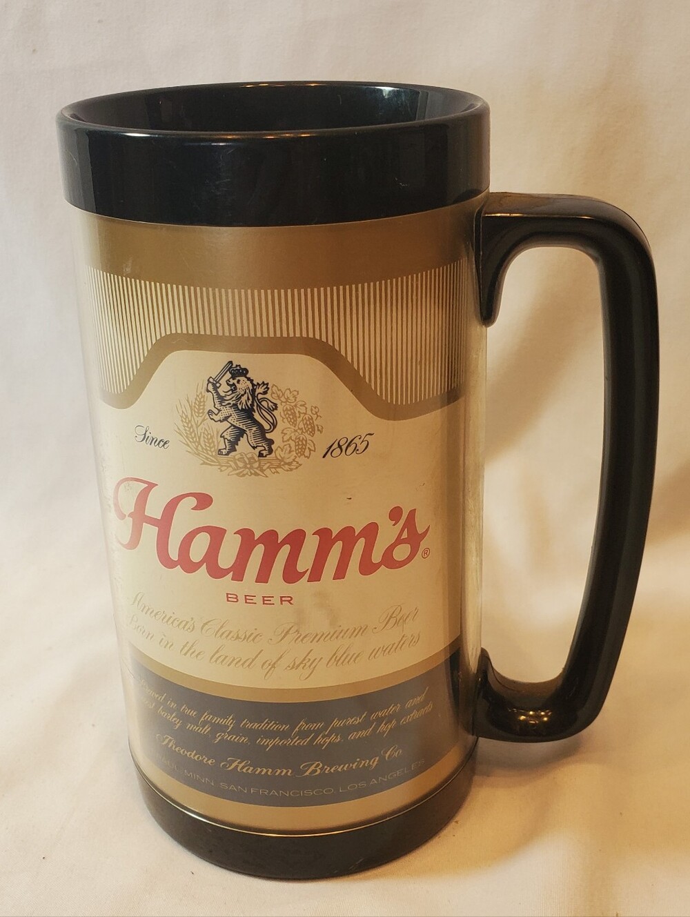 Hamms Beer Vtg 1970's Thermo Serv Hard Plastic Black and Gold Ceramic Stein USA